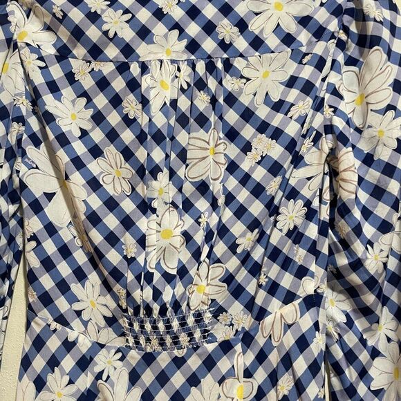 Rixo 2 Renata Blue Gingham Daisy Floral Collared Long Sleeve Mini Dress Retro - Picture 12 of 12